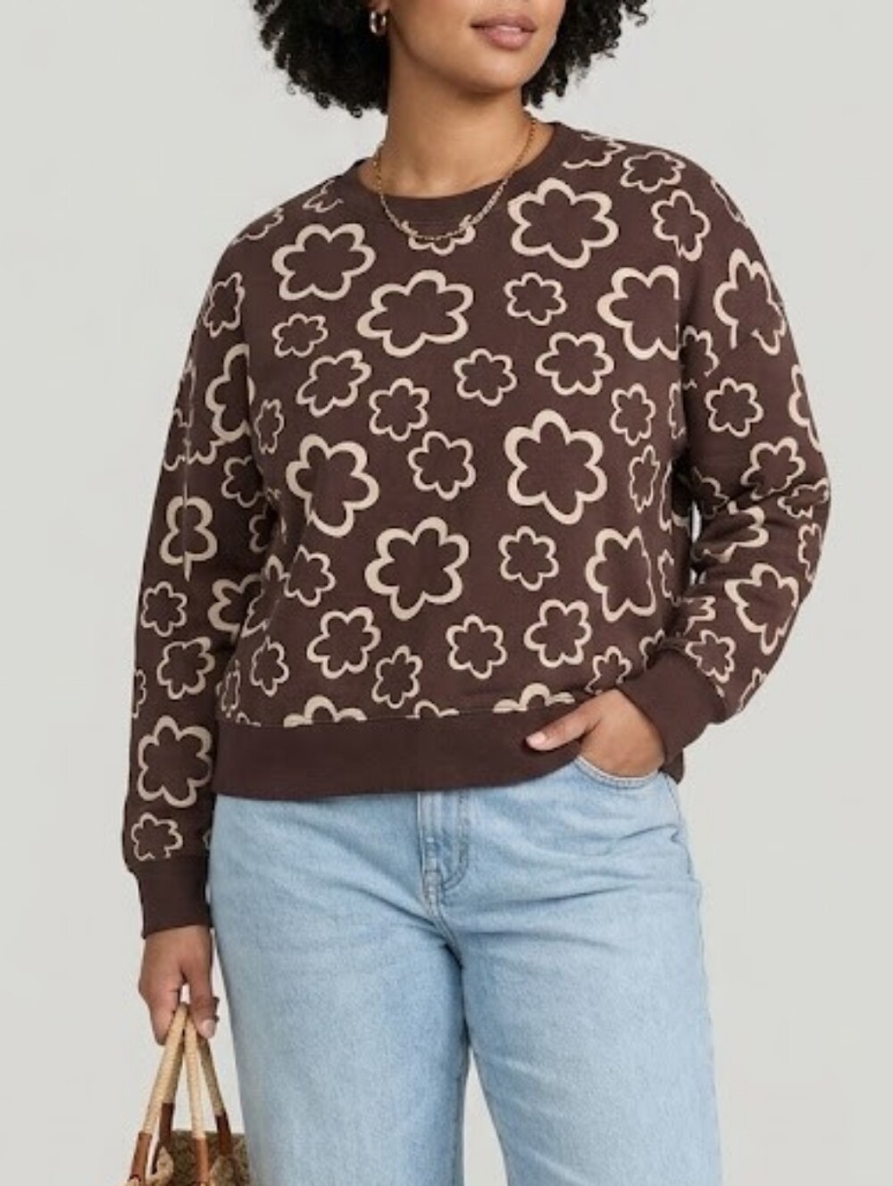 ✨3/$60✨twik Brown Crewneck Sweatshirt with Cream Floral Print
